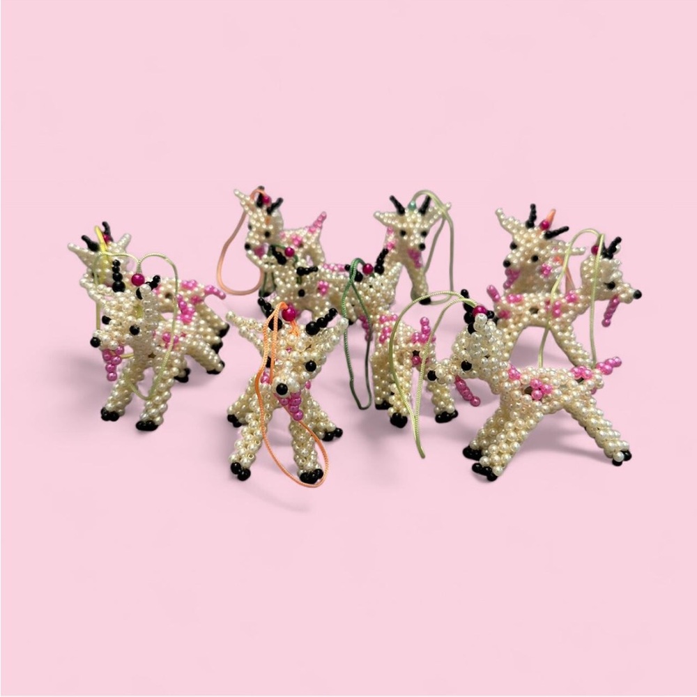 Set of 10 Handmade Beaded Reindeer Christmas Ornaments – Pink